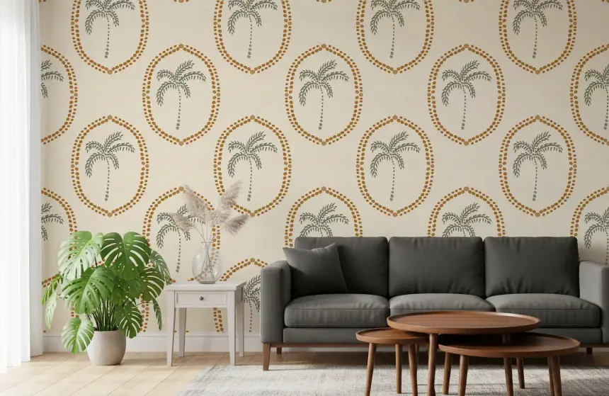 Beachy Boho Palm Oasis Golden Medallion Wallpaper