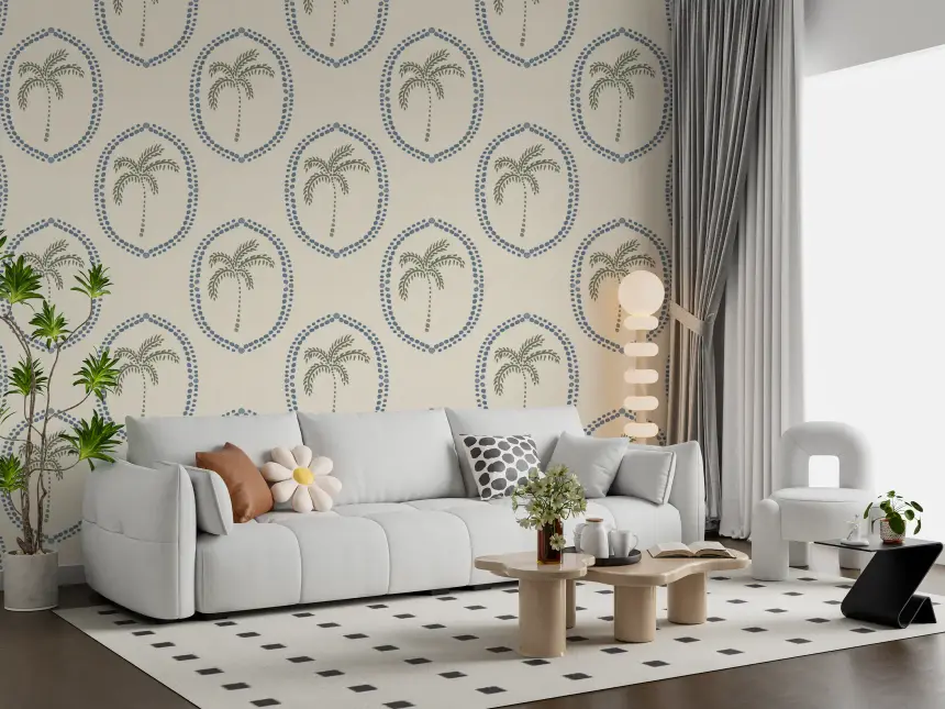 Beachy Boho Palm Oasis Slate Blue Medallion Wallpaper