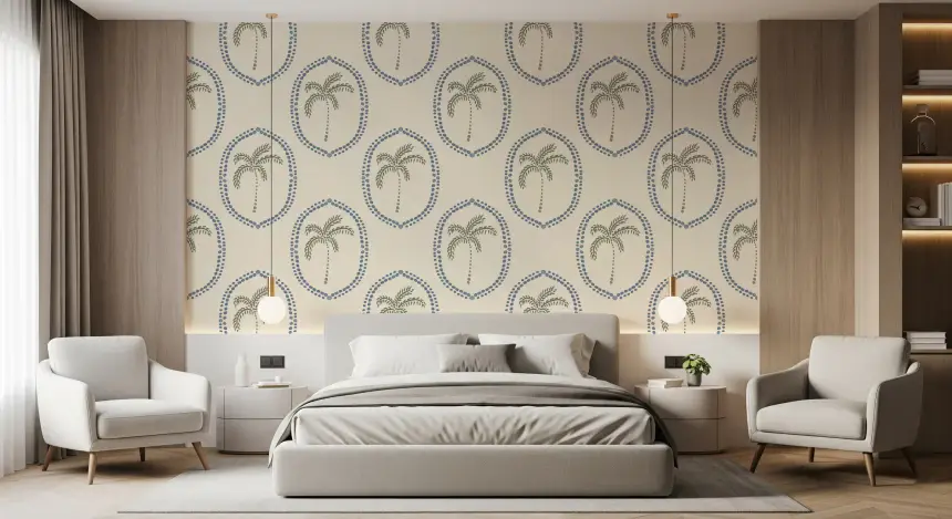 Beachy Boho Palm Oasis Slate Blue Medallion Wallpaper