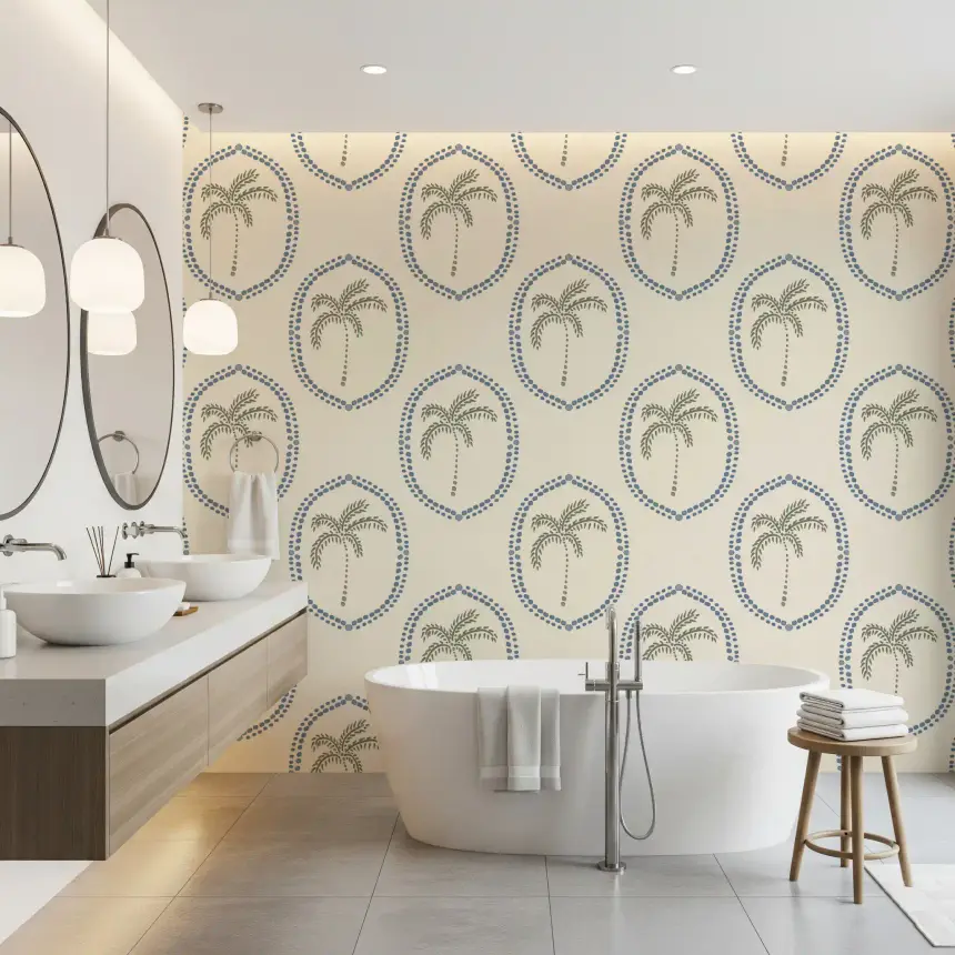 Beachy Boho Palm Oasis Slate Blue Medallion Wallpaper