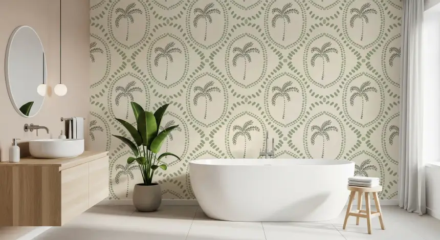 Beachy Boho Palm Oasis Costal Green Wallpaper