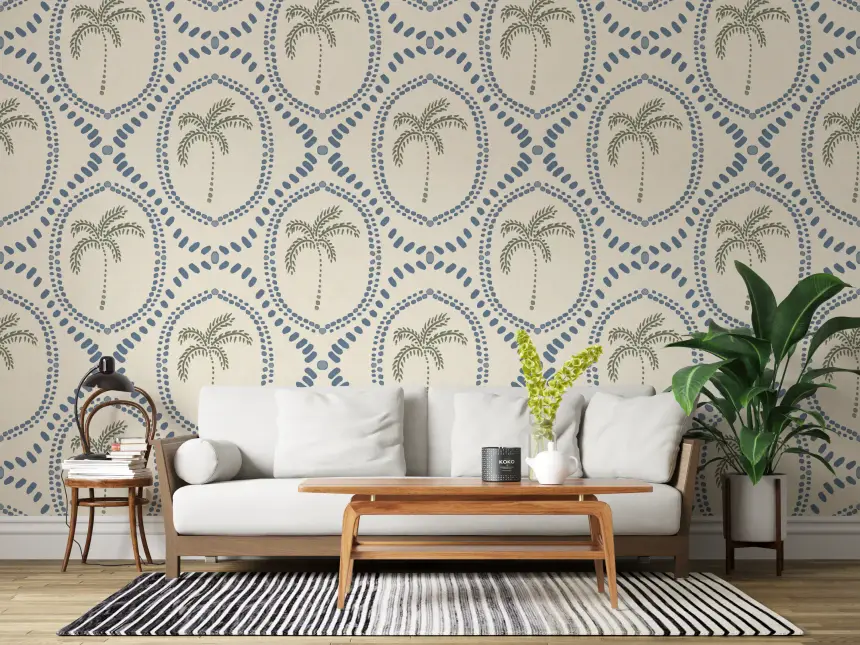 Beachy Boho Palm Oasis Slate Blue Wallpaper