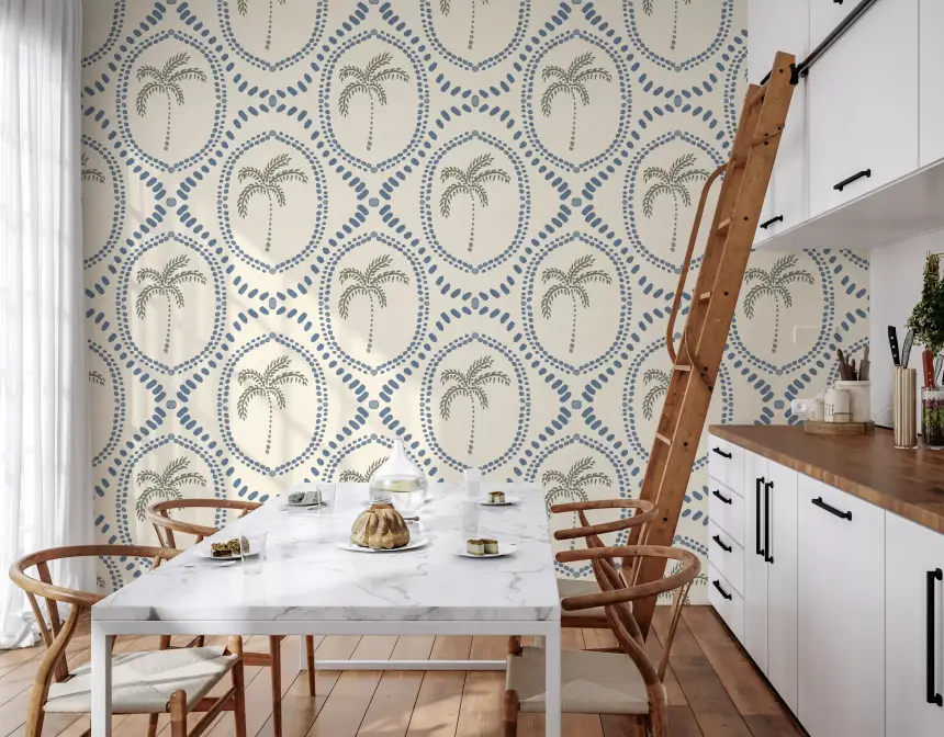 Beachy Boho Palm Oasis Slate Blue Wallpaper