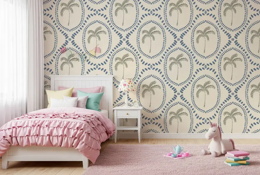Beachy Boho Palm Oasis Slate Blue Wallpaper