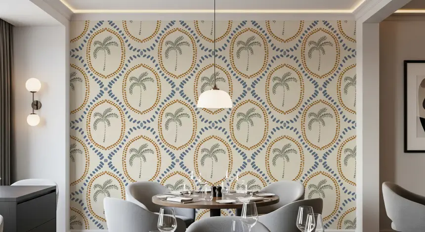Beachy Boho Palm Oasis Golden & Slate Blue Wallpaper