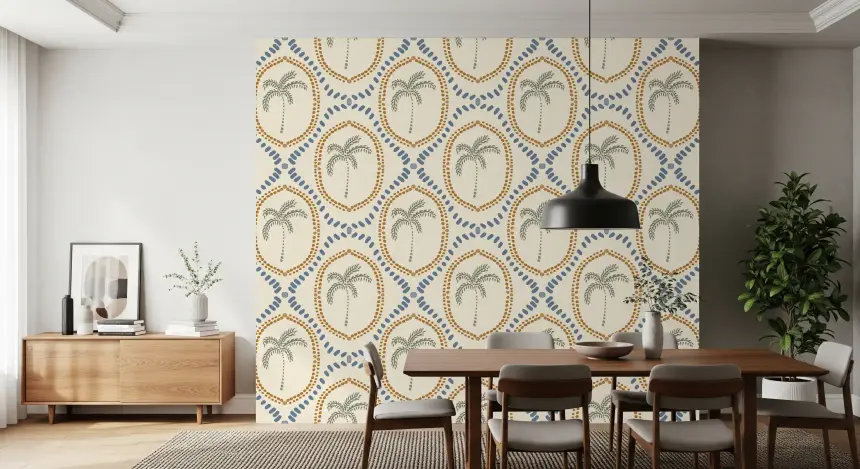 Beachy Boho Palm Oasis Golden & Slate Blue Wallpaper