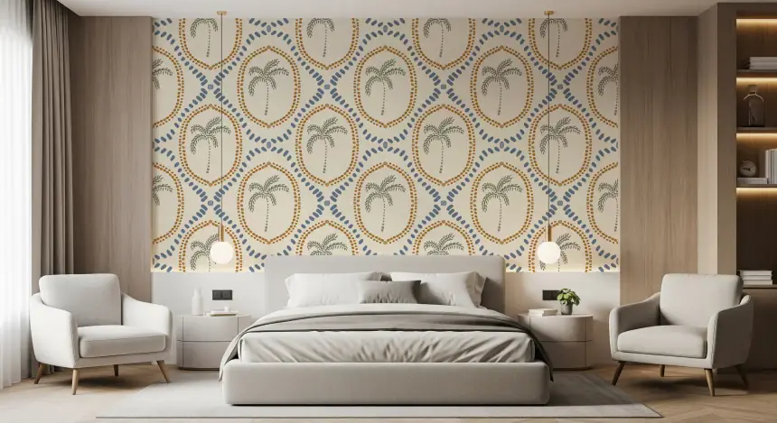 Beachy Boho Palm Oasis Golden & Slate Blue Wallpaper