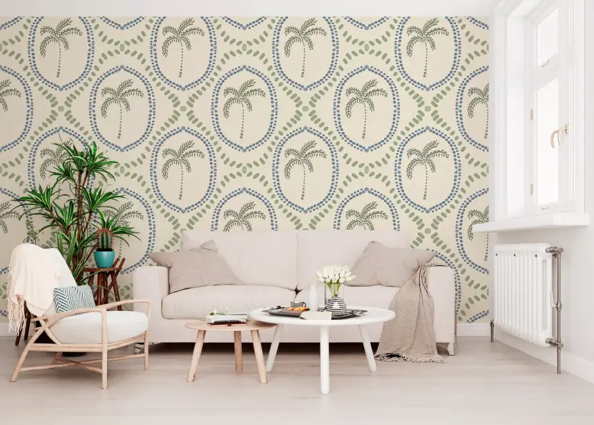 Beachy Boho Palm Oasis Slate Blue & Costal Green Wallpaper