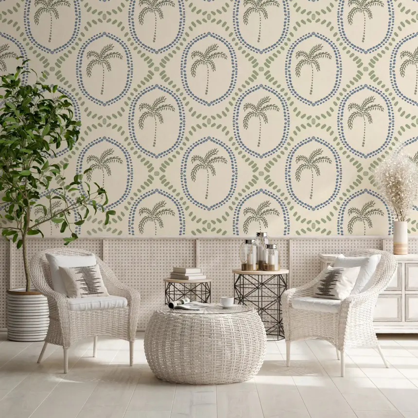 Beachy Boho Palm Oasis Slate Blue & Costal Green Wallpaper