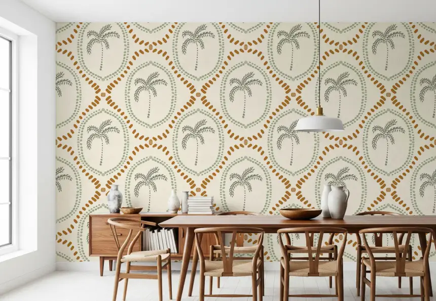 Beachy Boho Palm Oasis Costal Green & Golden Wallpaper