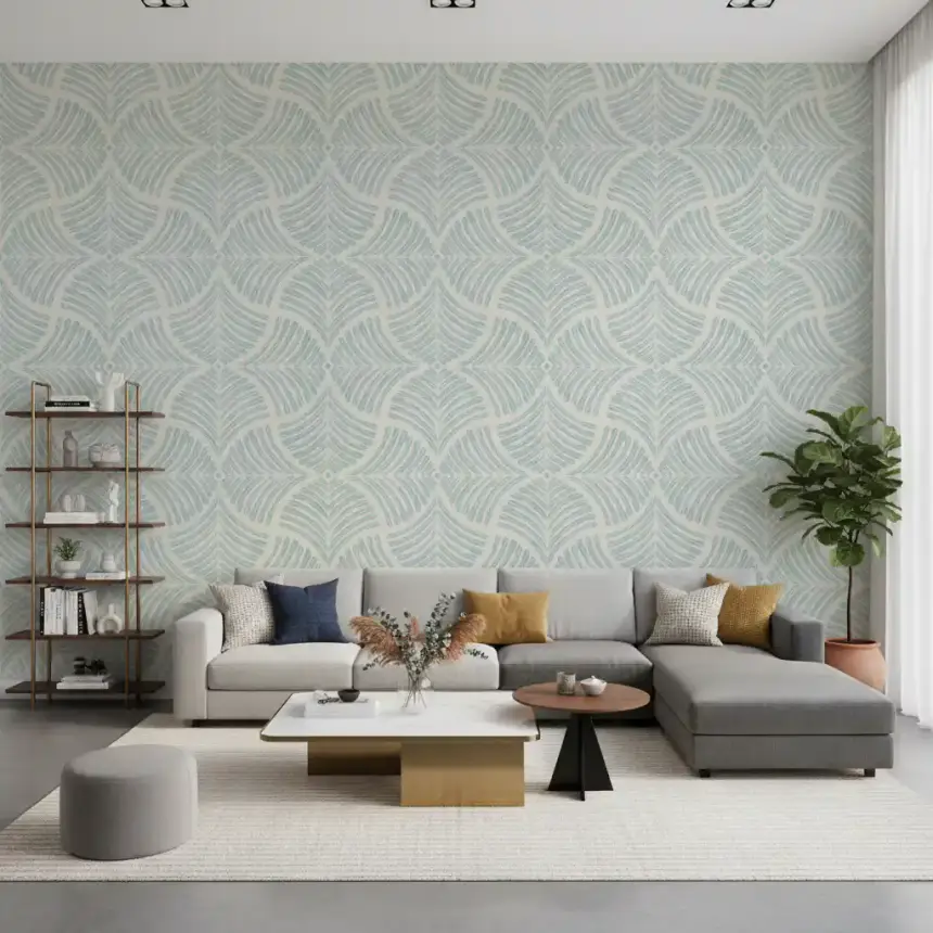 Pastel Blue Textured Scallops Fan Japandi Minimalist Wallpaper