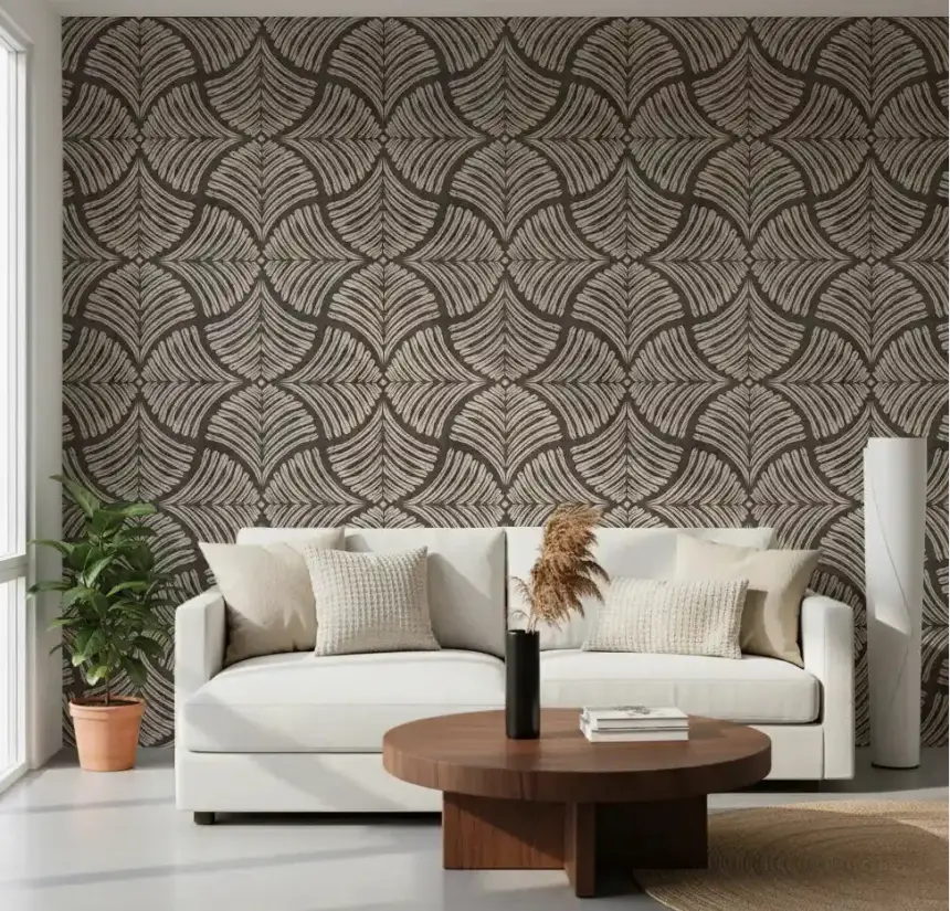 Charcoal Brown Textured Scallops Fan Japandi Wallpaper