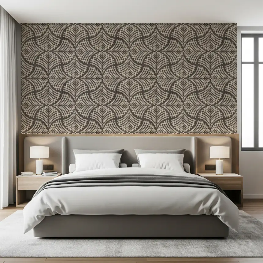 Charcoal Brown Textured Scallops Fan Japandi Wallpaper