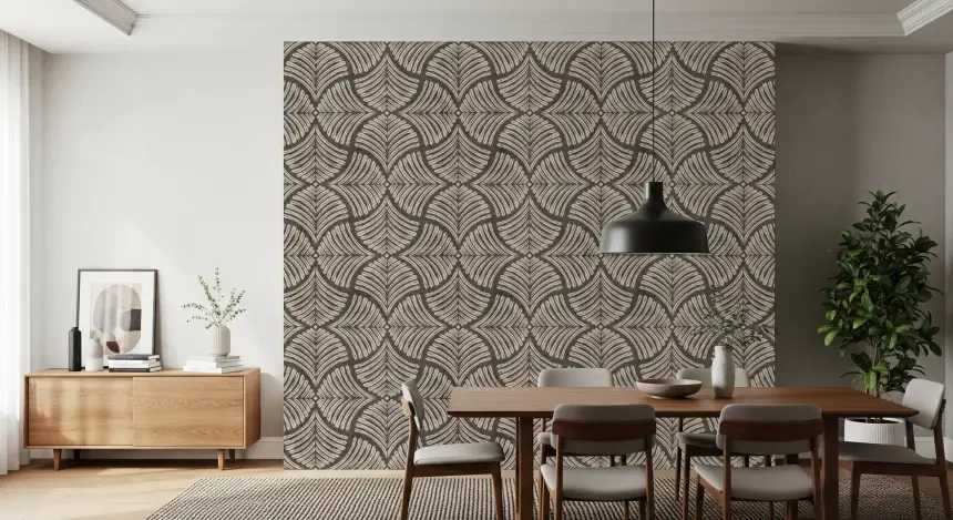 Charcoal Brown Textured Scallops Fan Japandi Wallpaper