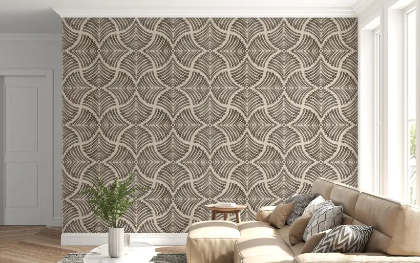 Dark Brown Textured Scallops Fan Japandi Minimalist Wallpaper