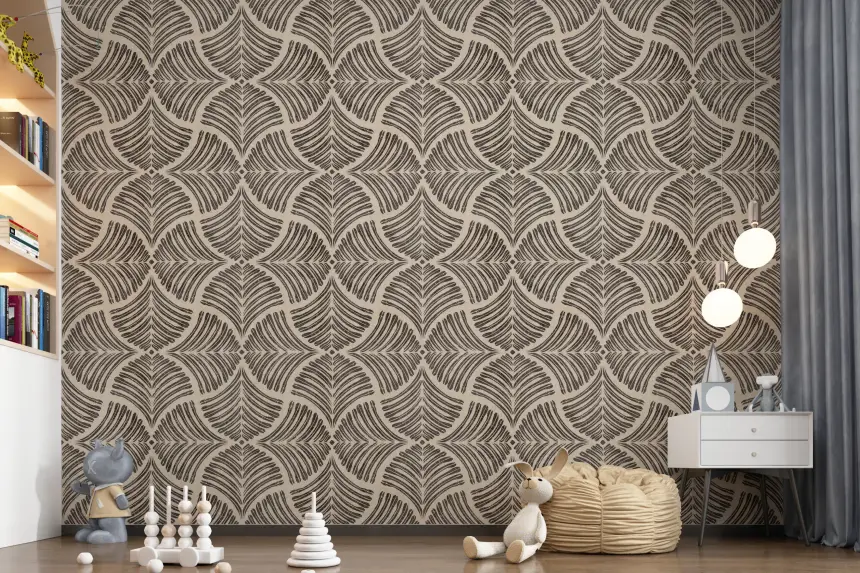 Dark Brown Textured Scallops Fan Japandi Minimalist Wallpaper