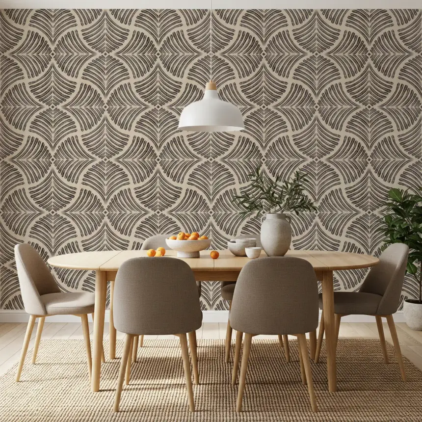Dark Brown Textured Scallops Fan Japandi Minimalist Wallpaper