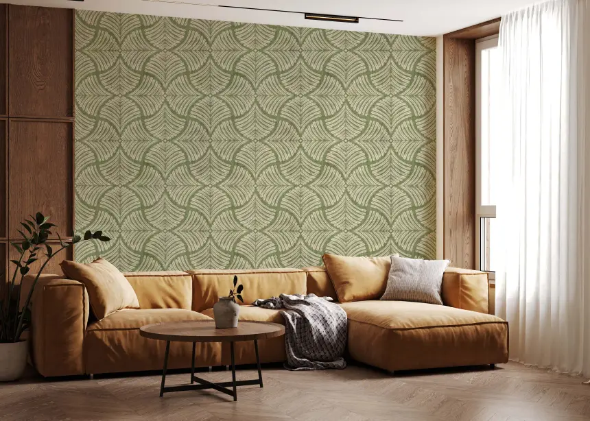 Moss Green Textured Scallops Fan Japandi Minimalist Wallpaper