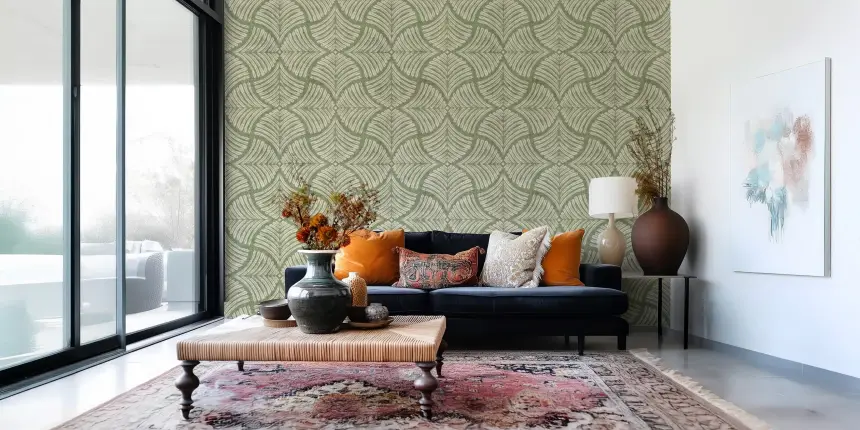 Moss Green Textured Scallops Fan Japandi Minimalist Wallpaper