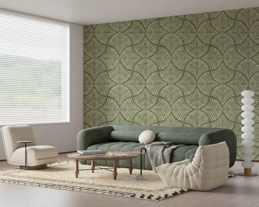 Moss Green Textured Scallops Fan Japandi Minimalist Wallpaper