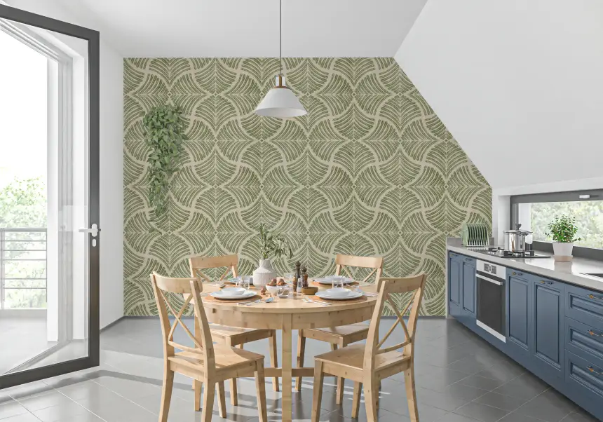Muted Green Textured Scallops Fan Japandi Minimalist Wallpaper