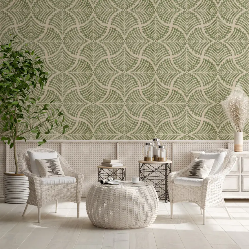 Muted Green Textured Scallops Fan Japandi Minimalist Wallpaper