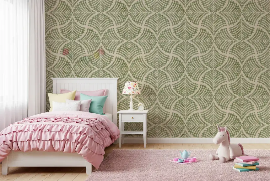 Muted Green Textured Scallops Fan Japandi Minimalist Wallpaper