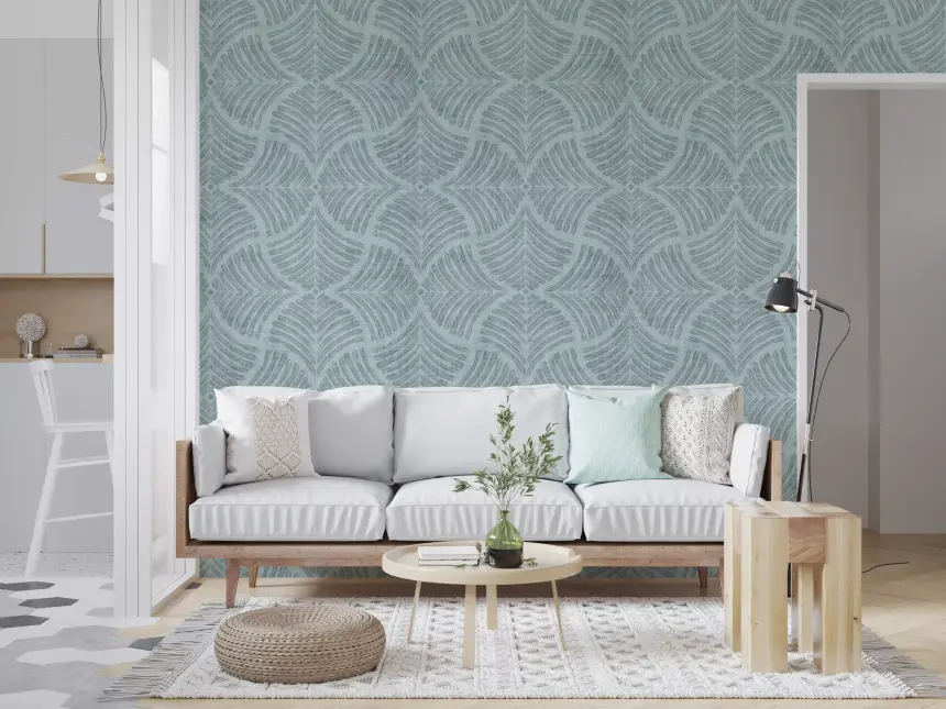 Soft Blue Textured Scallops Fan Japandi Minimalist Wallpaper
