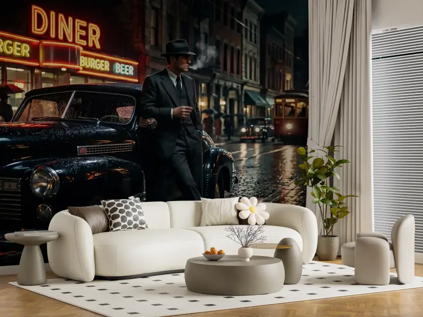 Rainy City Noir Wall Mural