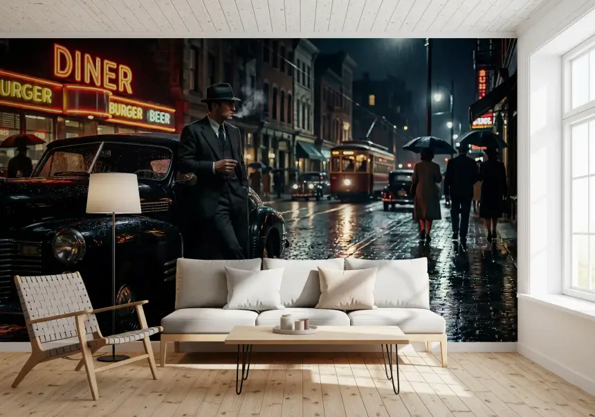 Rainy City Noir Wall Mural