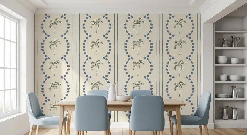 Tropical Palm Deco Stripes Slate Blue Wallpaper