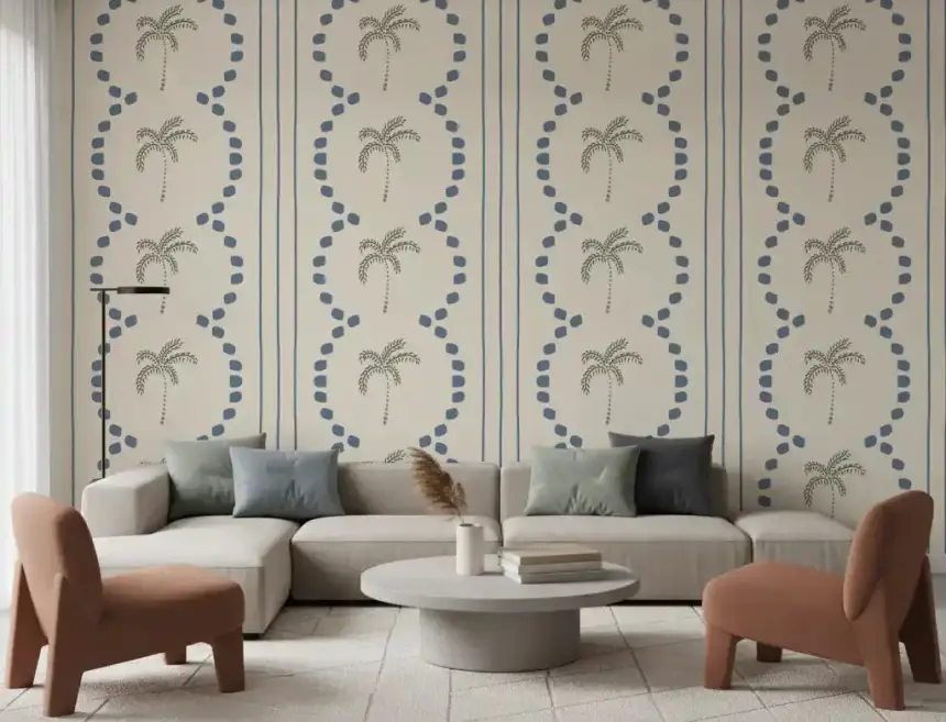 Tropical Palm Deco Stripes Slate Blue Wallpaper