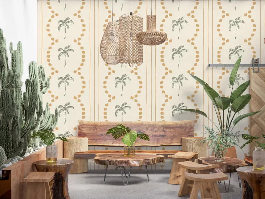 Tropical Palm Deco Stripes Sand Wallpaper