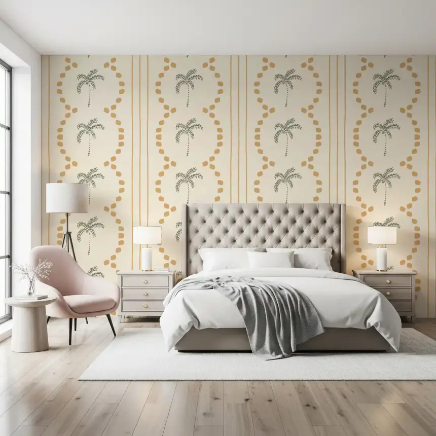 Tropical Palm Deco Stripes Sand Wallpaper