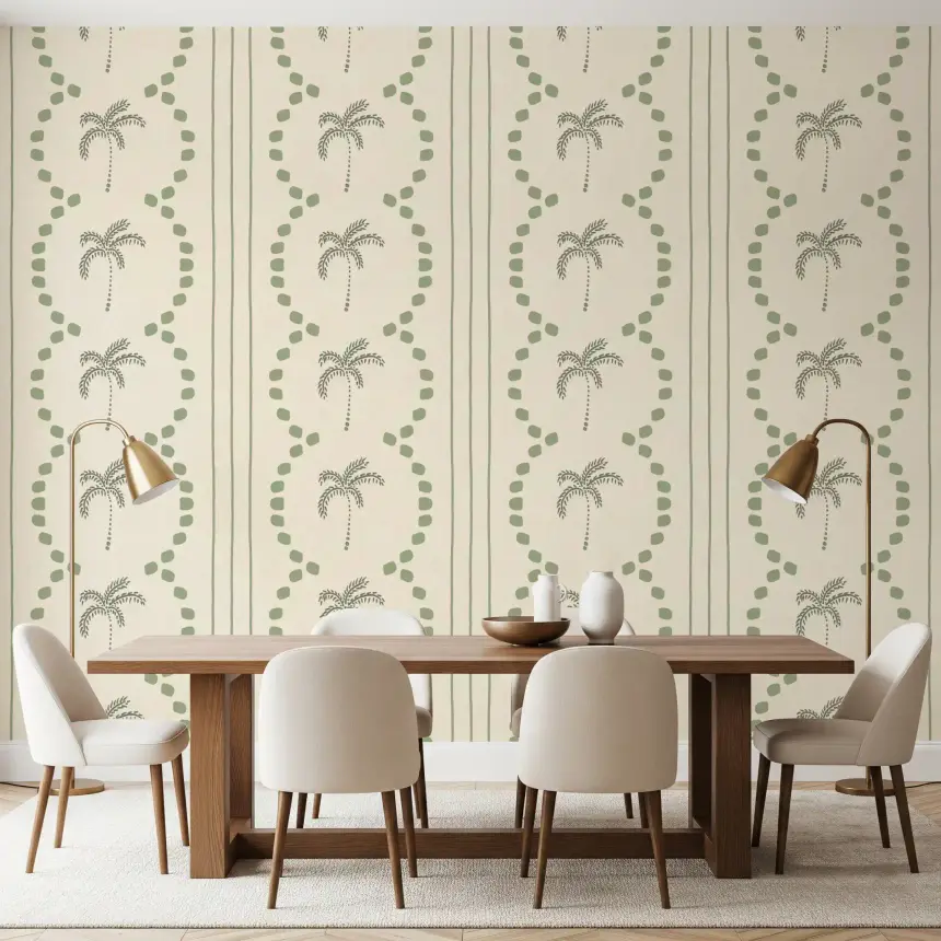 Tropical Palm Deco Stripes Costal Green Wallpaper