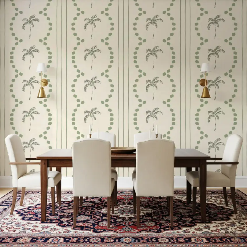 Tropical Palm Deco Stripes Costal Green Wallpaper