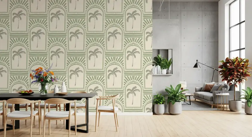 Tropical Palm Art Deco Archways Costal Green Wallpaper