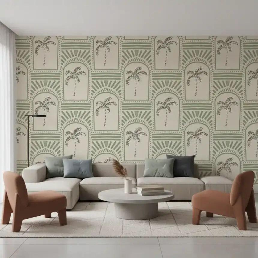 Tropical Palm Art Deco Archways Costal Green Wallpaper