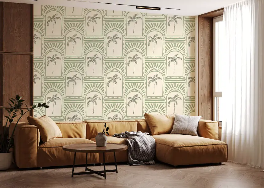 Tropical Palm Art Deco Archways Costal Green Wallpaper