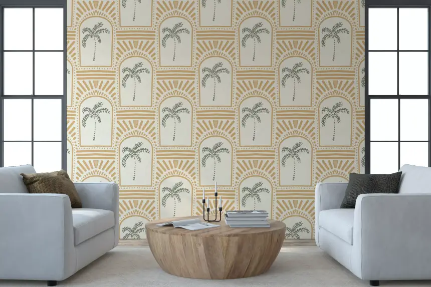 Tropical Palm Art Deco Archways Sand Wallpaper