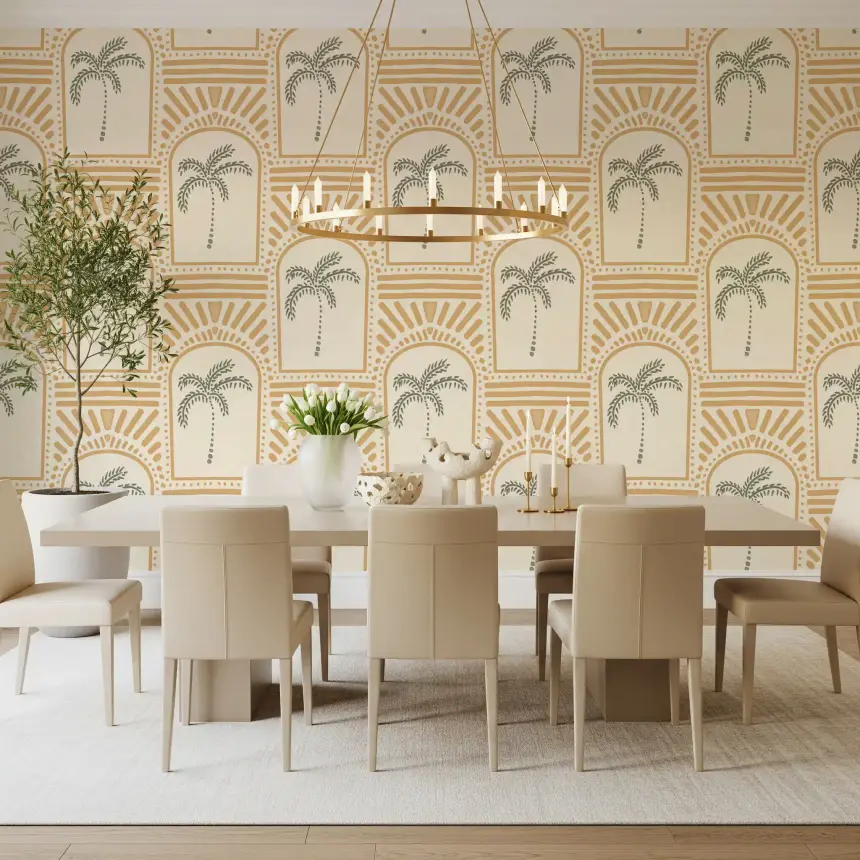 Tropical Palm Art Deco Archways Sand Wallpaper