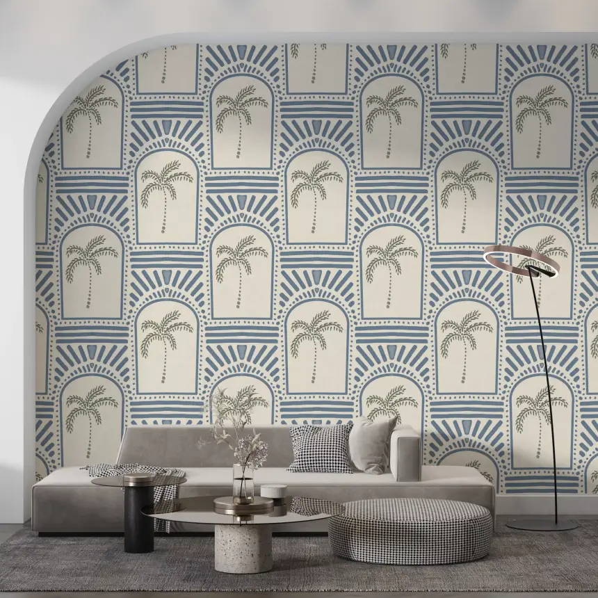 Tropical Palm Art Deco Archways Slate Blue Wallpaper