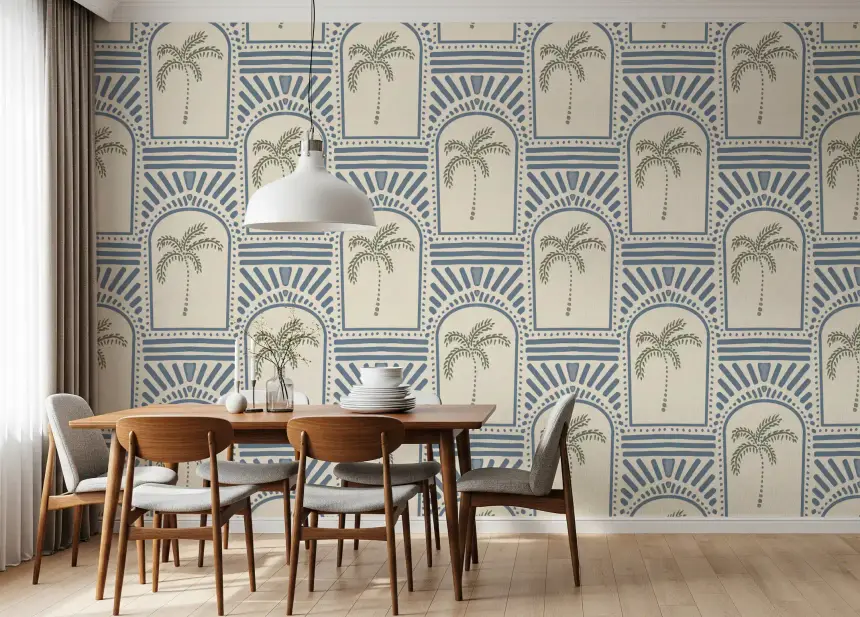 Tropical Palm Art Deco Archways Slate Blue Wallpaper