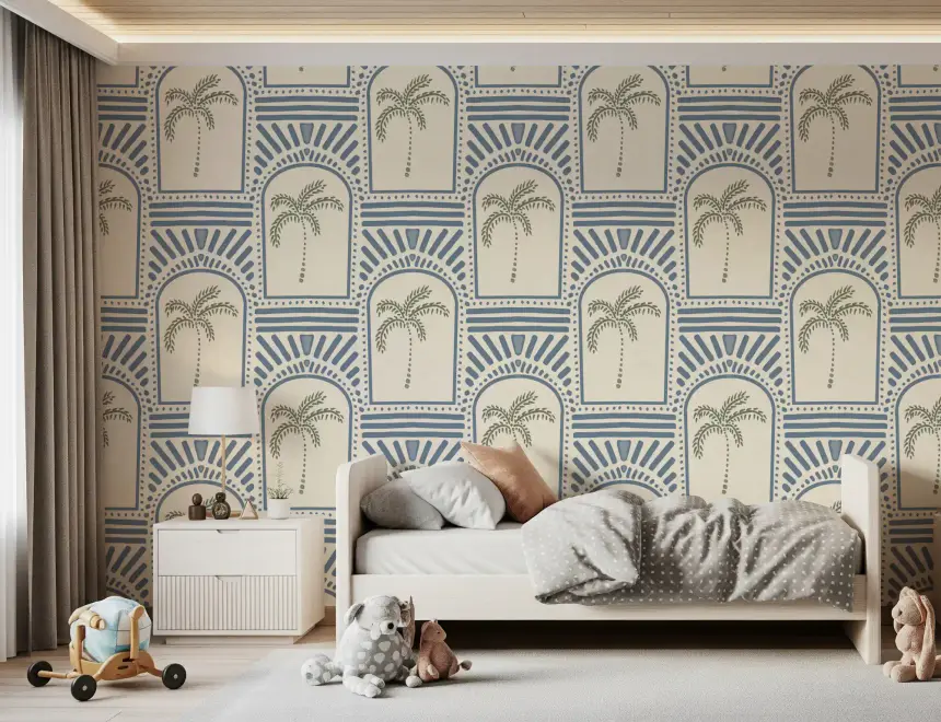 Tropical Palm Art Deco Archways Slate Blue Wallpaper