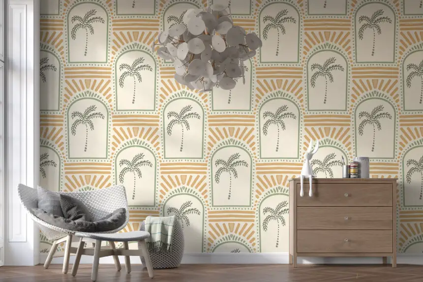 Tropical Palm Art Deco Archways Costal Green & Sand Wallpaper