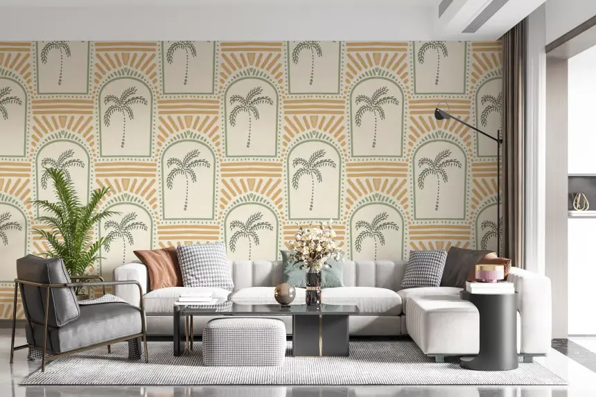 Tropical Palm Art Deco Archways Costal Green & Sand Wallpaper