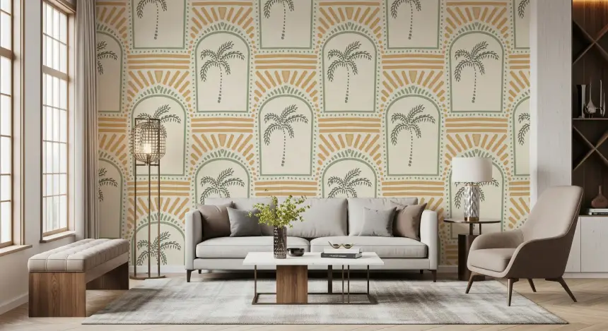 Tropical Palm Art Deco Archways Costal Green & Sand Wallpaper