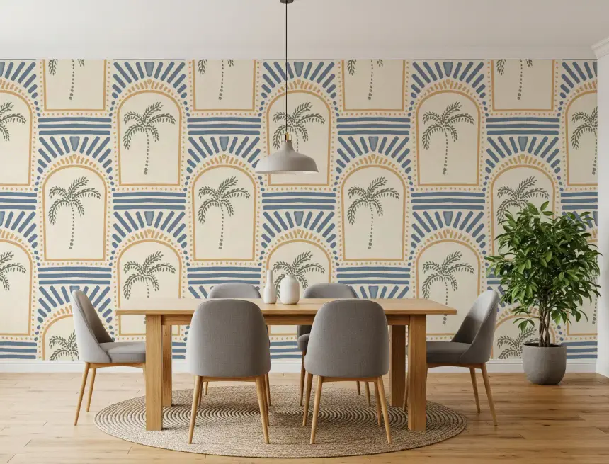 Tropical Palm Art Deco Archways Sand & Slate Blue Wallpaper