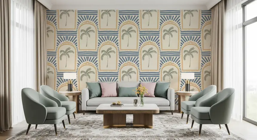 Tropical Palm Art Deco Archways Sand & Slate Blue Wallpaper