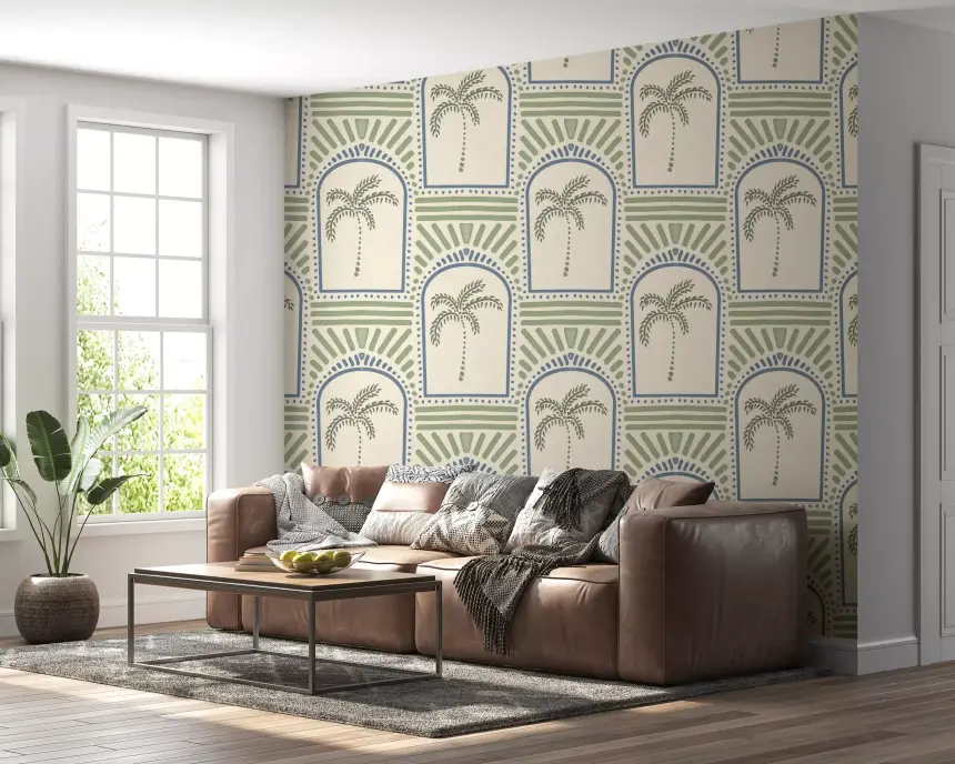 Tropical Palm Art Deco Archways Slate Blue & Costal Green Wallpaper